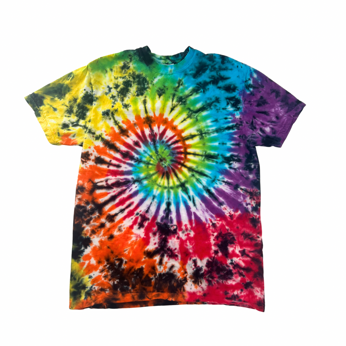 Rich Rainbow tie dye t shirt with a spiral center ultra soft 100% cotton with beautiful hues of the rainbow throughout