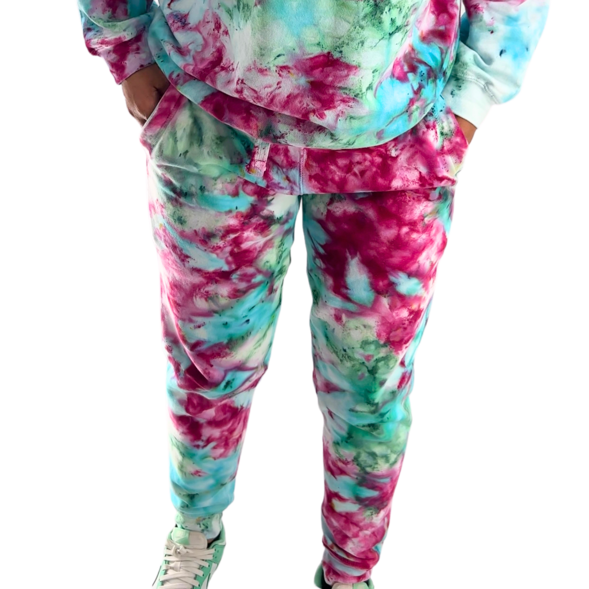 vibrant ice dyed joggers with hues of pink, baby blue, and green throughout. Cuffed ankle with a drawstring waistband