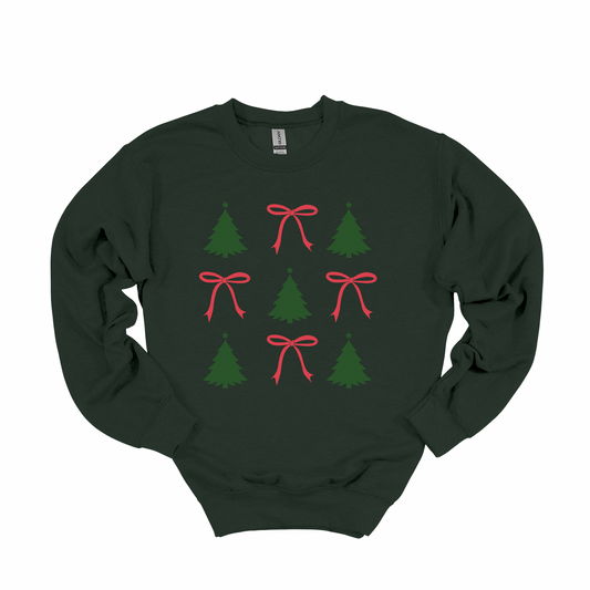 Festive Christmas crewneck with alternating Christmas trees and red bows graphic, available in adult crewneck and kids long sleeve tee. Cozy fleece lining perfect for holiday celebrations.