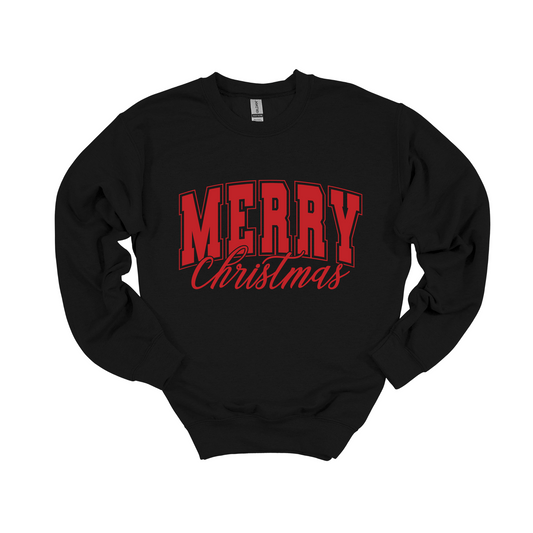 Merry Christmas graphic in red on a beautiful black crewneck . The crewneck is soft lined providing a warm feel for the colder months. Perfect for the holiday season and available for kids as well in long sleeve options. Sizes small through 4XL for adults and 2t through youth xl for kids. 