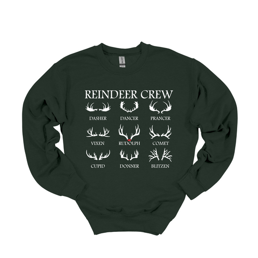 Reindeer crew graphic Crewneck featuring the iconic reindeer names. Available in green and sand color for the Crewneck this is the perfect Christmas sweatshirt for the season. Matching family holiday designs as this design is available in long sleeve options for kids! 