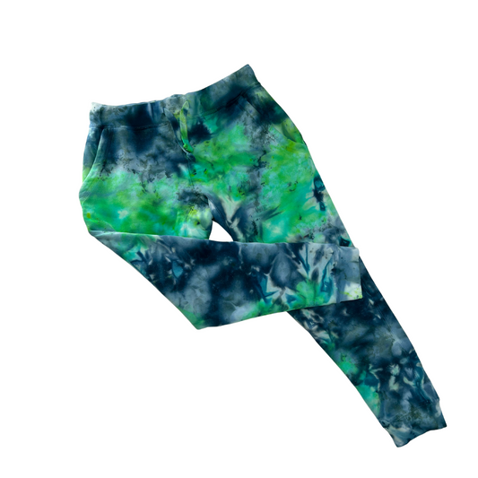 vibrant green and teal ice dyed tie dye joggers with a drawstring waistband for optimal comfort