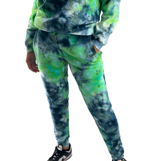 vibrant green and teal ice dyed joggers with a drawstring waistband. 