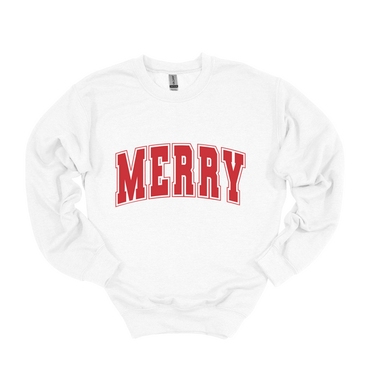 Merry red graphic holiday sweatshirt university style font white crewneck with a soft lined fleece perfect for the holiday season. Available for kids in long sleeve styles 