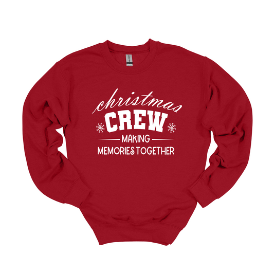 Christmas crew making memories together graphic in stunning white paired with a cherry red soft lined crewneck. Perfect matching sweatshirt for family’s this holiday season. Available in crewneck for adults in sizes small - 4XL and long sleeve options for kids sizes 2T - Youth XL