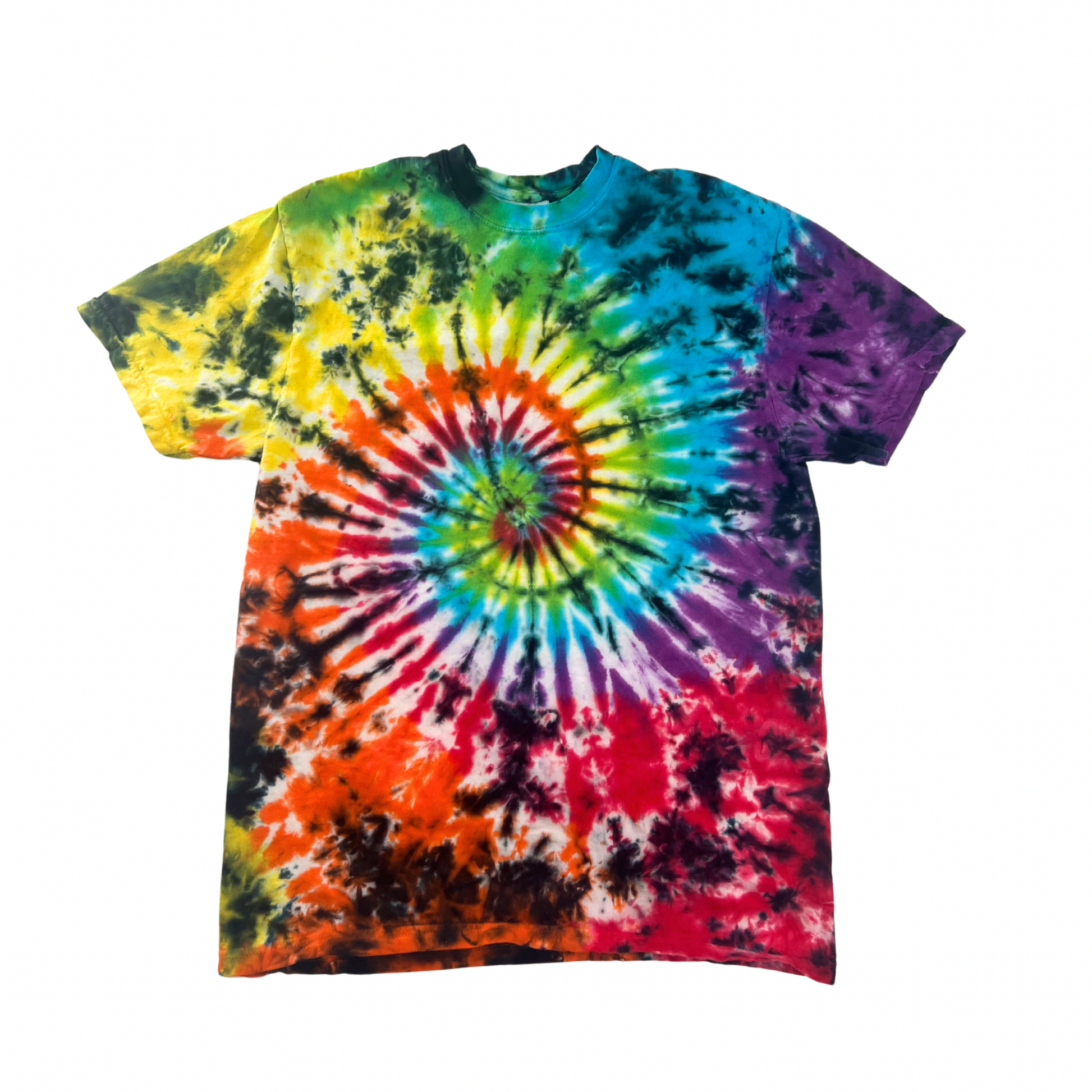 Rich Rainbow tie dye t shirt with a spiral center ultra soft 100% cotton with beautiful hues of the rainbow throughout 