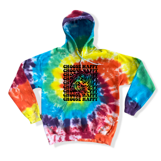 Rainbow tie dye hoodie with a choose happy swirl graphic in the center. Vibrant rainbow dye in a  spiral pattern
